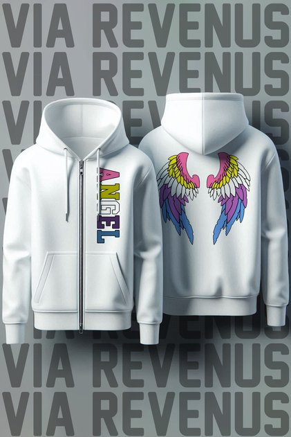Angel Front and Back Printed Unisex Zippered Hooded White Sweatshirt Cardigan