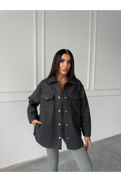 Butik Çıt Çıt Düğmeli Cepli Antrasit Kalın Kaşe Ceket