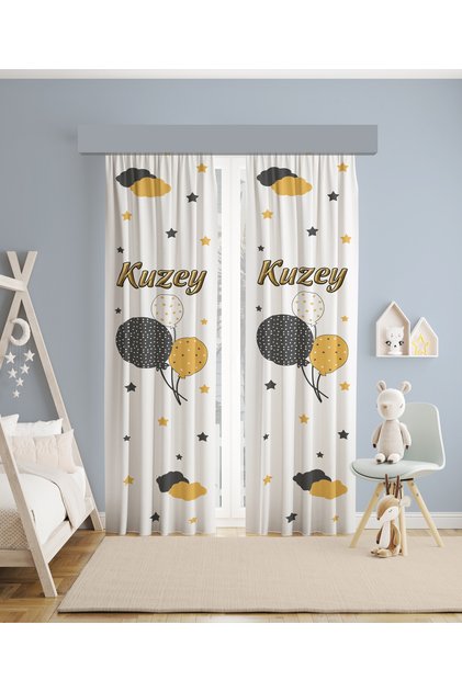 BABY AND KIDS ROOM Ballooned Star Patterned 2 Wing Background Curtain