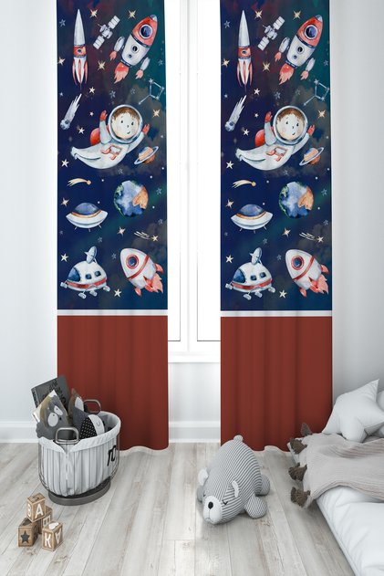 BABY AND KIDS ROOM Alien Astronaut Patterned 2 Wing Background Curtain