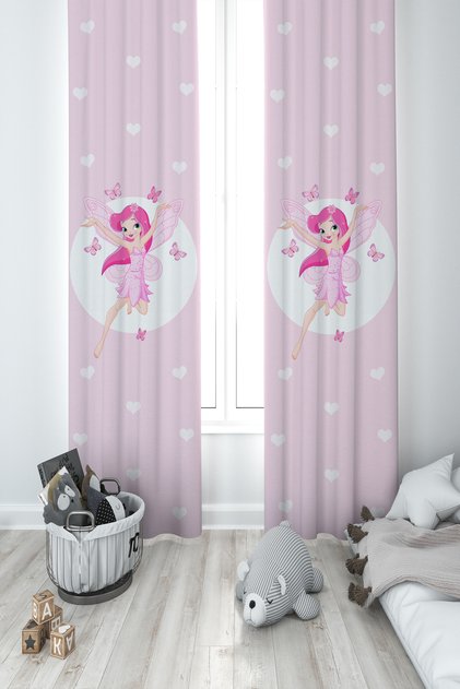 BABY AND KIDS ROOM Flying Fairy Girl and Heart Patterned 2 Wing Background Curtain