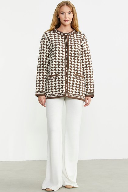 Wool Checkerboard Patterned Knitwear Jacket with Pockets - Milk Coffee