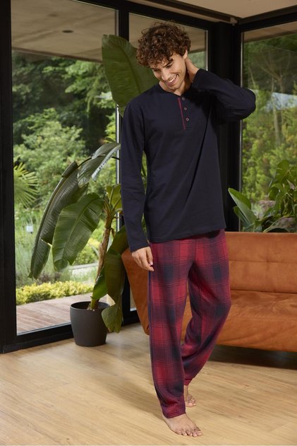 Men's Long Sleeve Midi Collar Navy Blue Pajamas Set C6T5N0O8