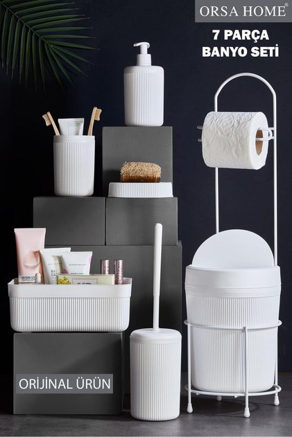 247 Beyaz 7 Parça Banyo Seti Metal Stantlı Kovalı Wc Kağıtlık Kozmetik Kutusu Diş Fırçalık