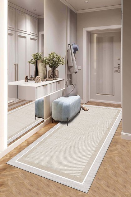 Makinede Yıkanabilir Kaymaz Taban Leke Tutmaz Bej Salon Halısı Mutfak Halısı ve Kesme Yolluk