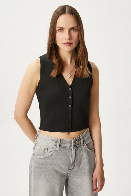 Women's Petite Snap Crop Black Knitwear Vest