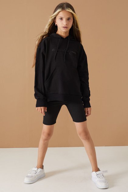 Black chest graphic kangaroo pocket hooded girls' sweatshirt 19336