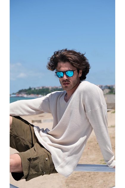 Men's V-Neck Cotton Loose Knitwear Sweater Beige 22sm212
