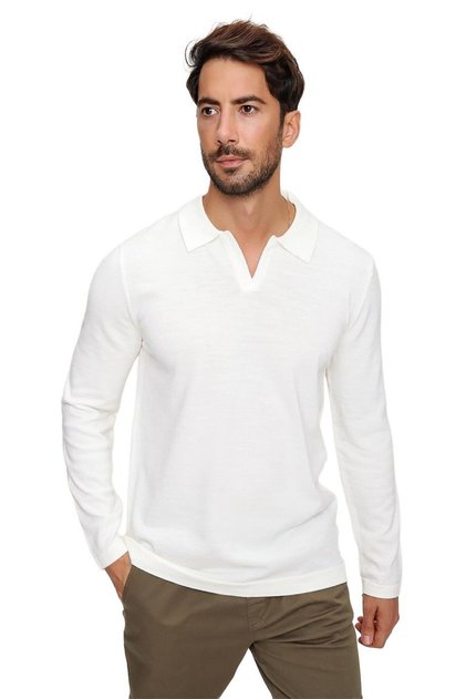 Erkek Ekru Reddington Polo Yaka Uzun Kollu Ince Triko Kazak 22w403