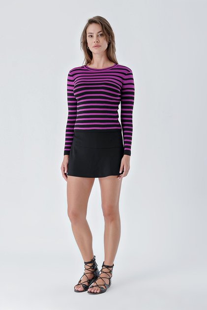 Women's Crew Neck Contrast Line Detailed Regular Fit Knitwear Sweater Black-Purple 24W106