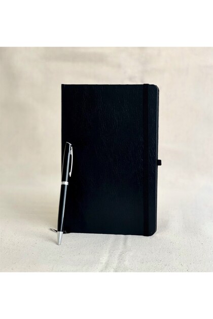 Black Leather Notebook and Roller Ball Pen