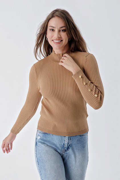 Women's Half Turtleneck Button Detailed Ribbed Knitwear Sweater Brown 24W107