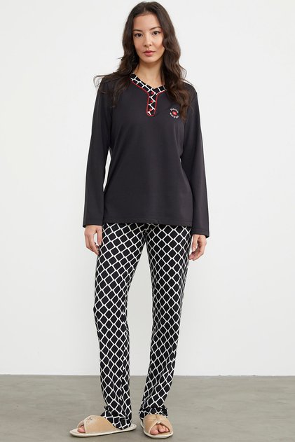 Checkered Double Color Pajama Set - Black