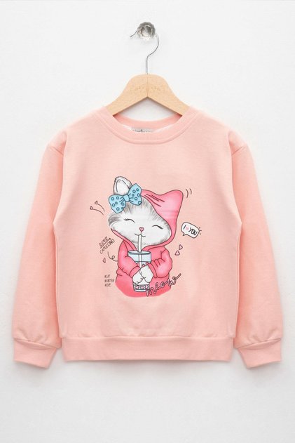 Crew Neck Long Sleeve Cat Printed Light Salmon Color Girl's Sweatshirt