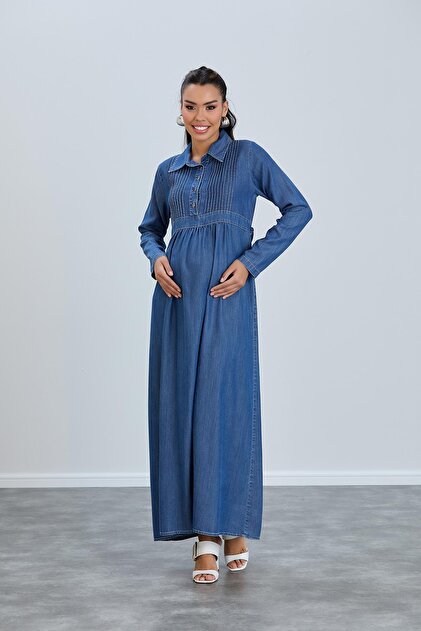 LYACA Pregnant Pregnant Denim Dress with Button Polo Neck Breastfeeding-  Trendyol
