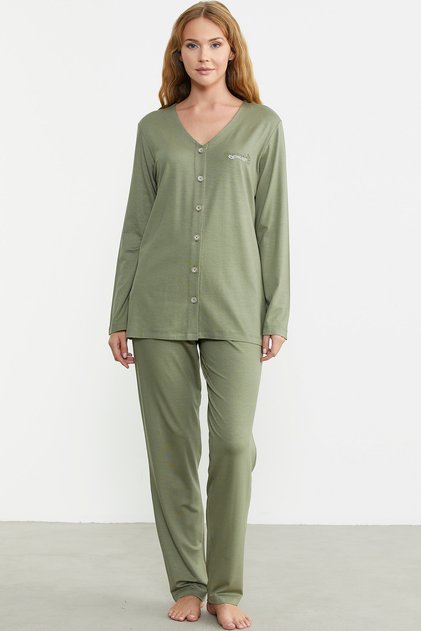 Front Buttoned Comfortable Fit Pajama Set - Green