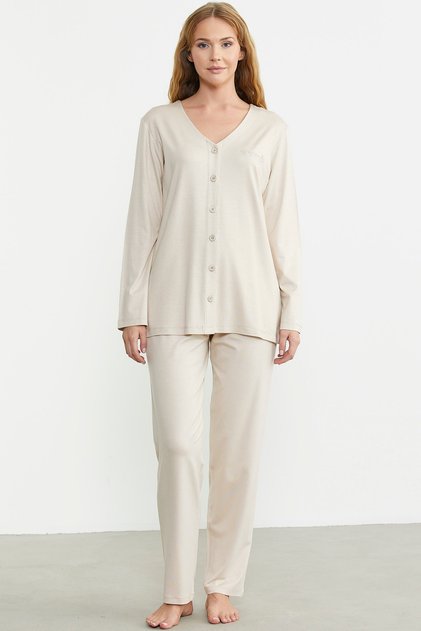 Front Buttoned Comfortable Fit Pajama Set - Beige