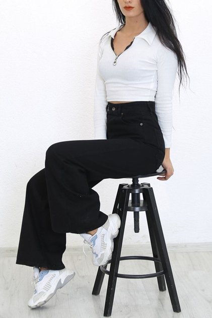 Siyah Süper Yüksek Bel 90's Wide Leg Bol Paça Salaş Comfort Likralı Jeans