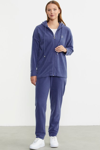 Hooded Fleece Tunic Tracksuit Set - Indigo