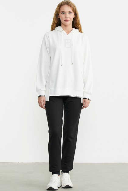 Hooded Sweatshirt with Knitted Hem Detail - Ecru