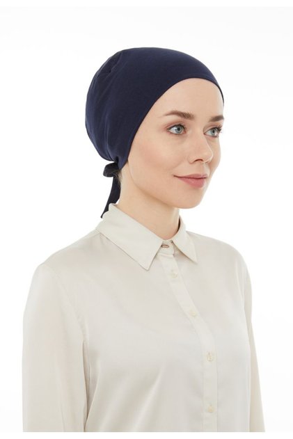 Seamless Plain Combed Cotton Tie Hijab Bonnet Navy Blue