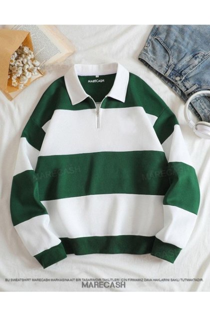 Yeşil Beyaz Parçalı Renk Yarım Fermuarlı Polo Yaka Sweatshirt Içi Polarlı Unisex Akmayan Kumaş