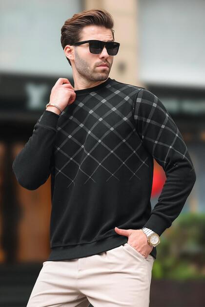 Black Patterned Crew Neck Knitwear Sweater 6019