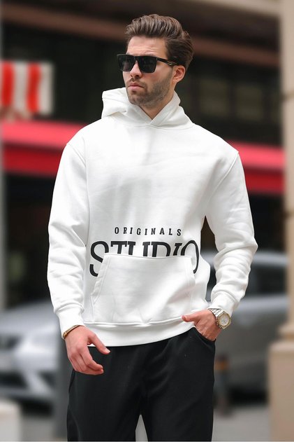 Ecru Hooded Printed Pocket Detailed Sweatshirt E7076