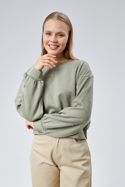 Khaki Staple Detailed Soft Texture Sweatshirt