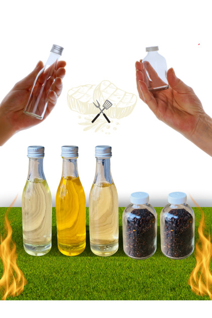 Glass Shot Bottle Mini Picnic Set of 5 Pieces Vinegar Olive Oil Liquid Oil and Spices 50 ml
