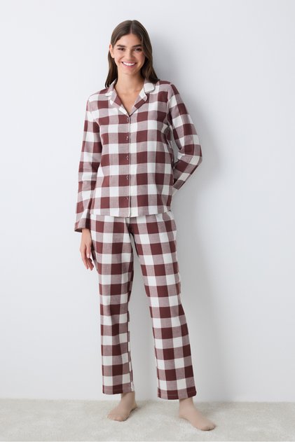 Pamuklu Brown Gingham Kahverengi Gömlek Pantolon Pijama Takımı