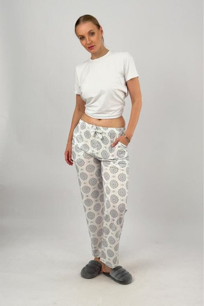 Women's Pocketed Cotton Elastic Waist Ribbon Patterned Pajama Bottom Gray Shawl