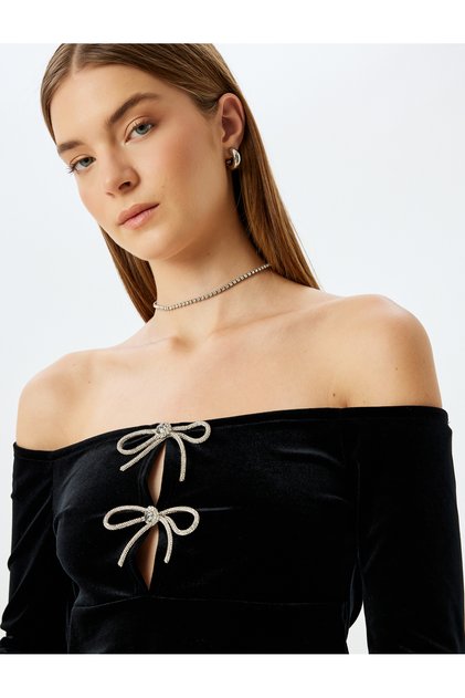 Off-The-Shoulder Velvet Blouse with Metallic Bow Detail