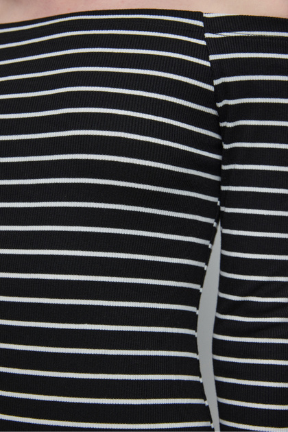Women's Striped Ribbed Dress Body-Hugging Boat Neck Long Sleeve