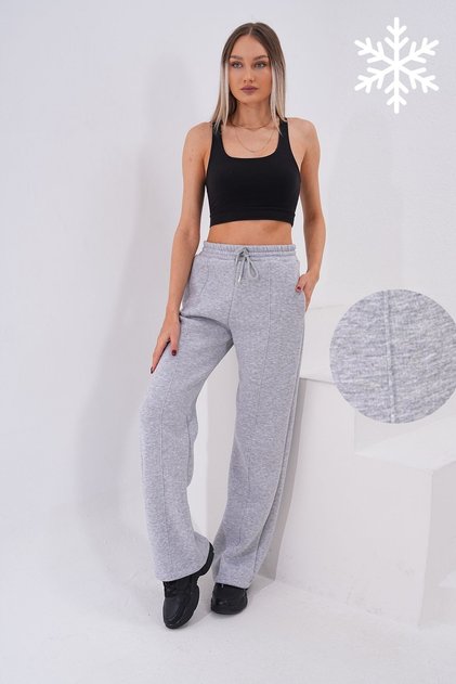 Striped Gray Winter Thick Raised Fleece Inside High Waist Wide Leg Lace-Up Sweatpants with Hidden Pockets