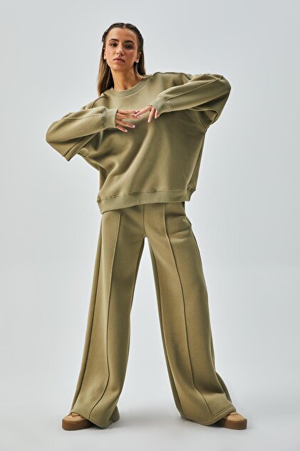 Women's Mold Green 3 Thread Combed Cotton Ribbed Oversize Sweatshirt 28050