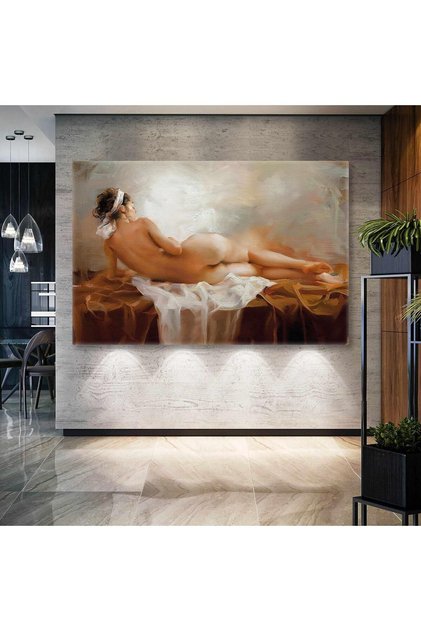 Yağlı Boya Görünümlü Boya Efektli Uzanan Nü Model Yatay HD Dijital Baskı Yatay Kanvas Tablo