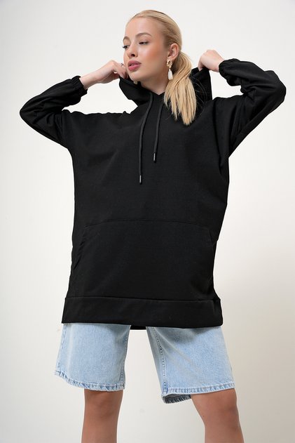 Women's Black Hooded Kangaroo Pocket Two Thread Oversize Sweatshirt Prm1094