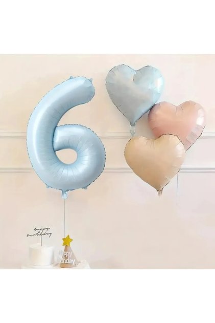 6 Years Old Blue Number Foil Balloon Retro Blue Pink Satin Heart Foil Balloon Birthday Balloon Set