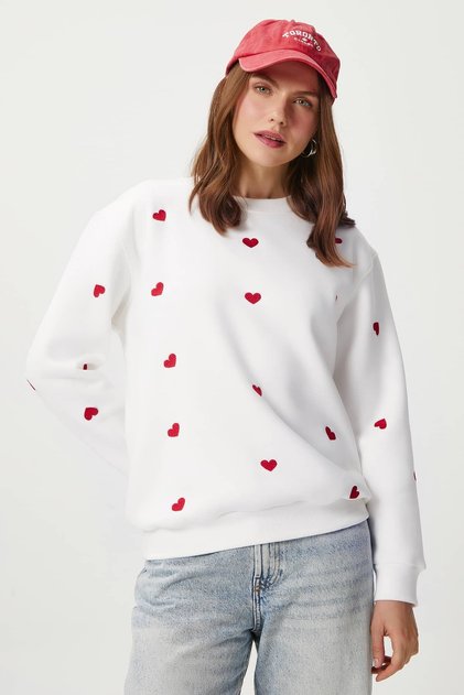 Women's Pretty White Red Little Heart Sweatshirt