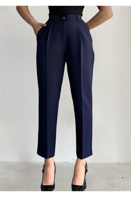 Women's Narrow Leg Pleated Ankle Length Navy Blue Fabric Trousers