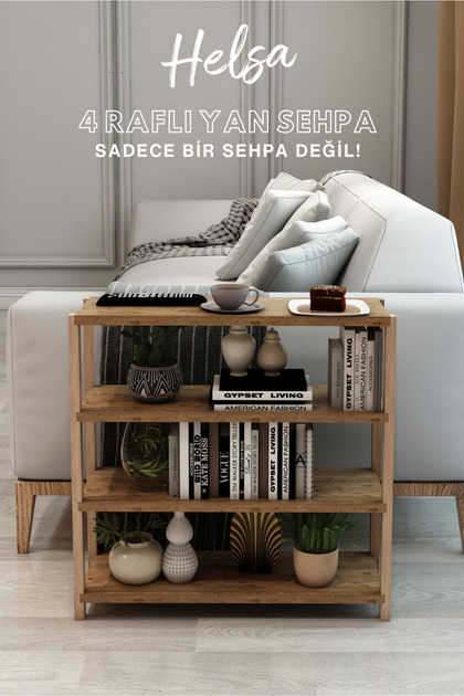 Jest Dekor Konsept Helsa Atlantik Çam 4 Raflı Ahşap Yan Sehpa -Çok
