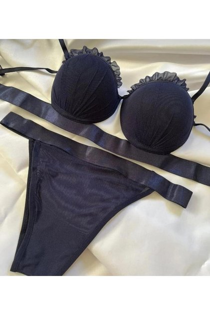 Oyster Mussel Model Satin Striped Padded Bra Set