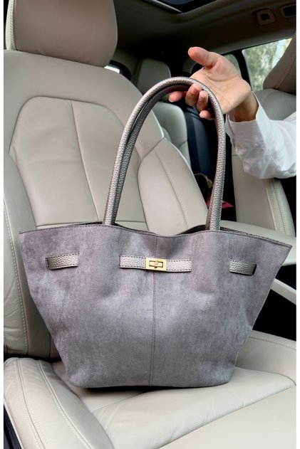 Women's Gray Suede Leather Long Strap Magnet Closure Shoulder & Hand Bag