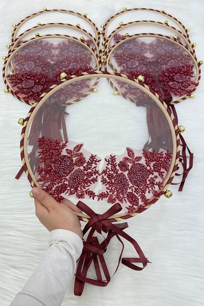Vip Appliqued Bridal Tambourine Burgundy, Bridesmaid Wedding Henna Night Circumcision Bachelorette Bride with Bell 30cm 1 Piece
