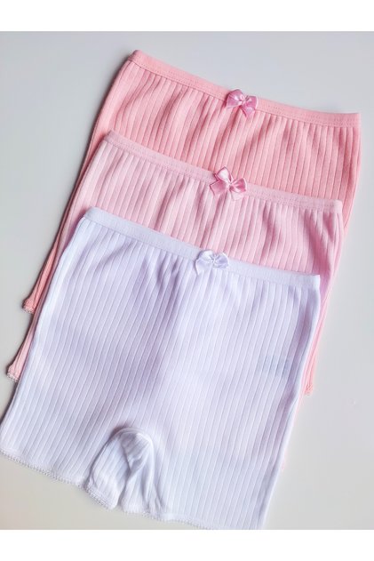 Çebikids Girls' 100% Cotton White/Pink/Dark Pink Ribbed Ribbed Long Underwear/Boxer 3-Piece Set