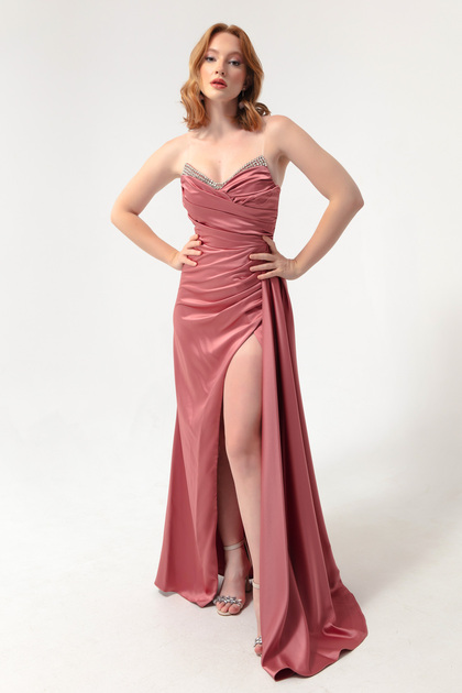 Lafaba Women's Salmon Breast Stone Long Evening Dress- Trendyol