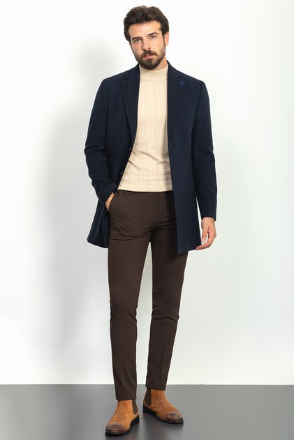 Plain Slim Fit Mono Collar Classic Wool Men's Coat Navy Blue - 21208.20K