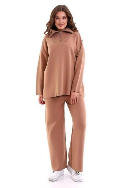 Oversize Zippered Knitwear Top and Bottom Set 1805 Camel
