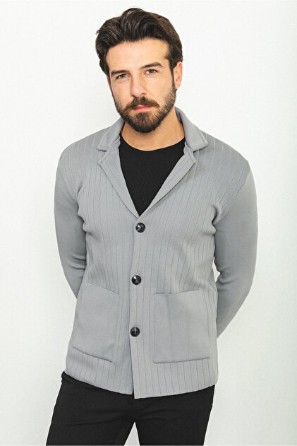 Striped Bag Pocket Slim Fit Wool Men's Knitwear Jacket Anthracite - 11230.22K